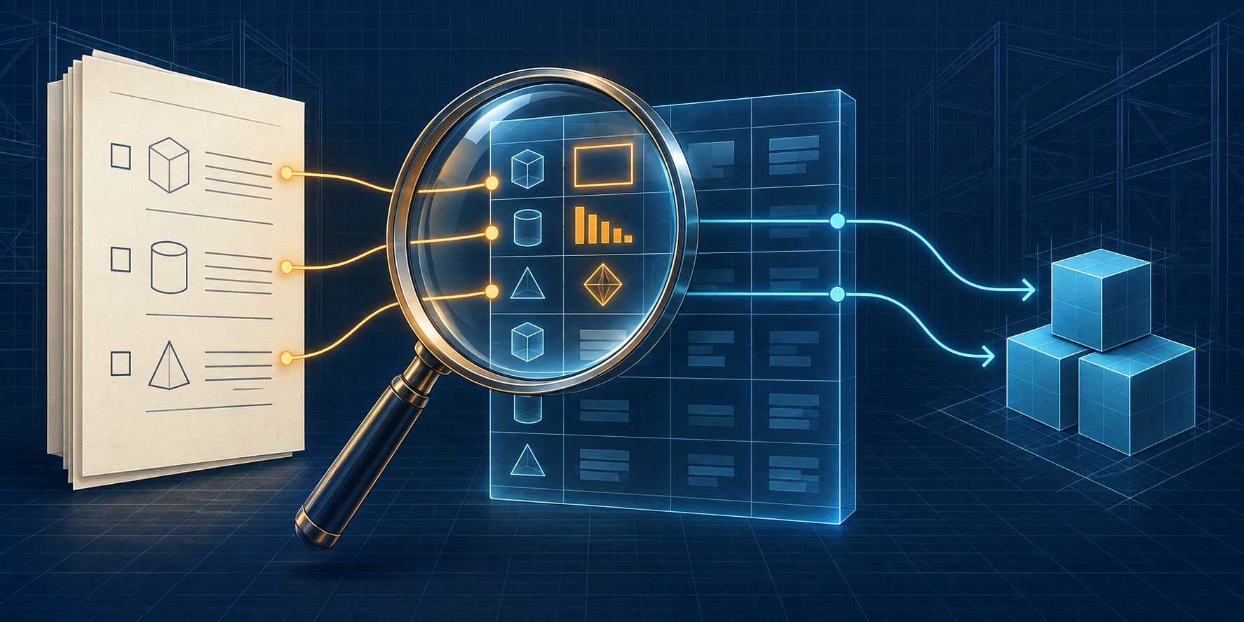 A lens checks specification assumptions against warehouse data before they reach the build.